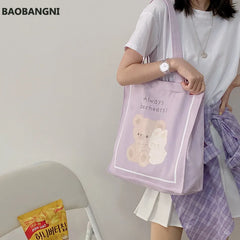 Canvas Shoulder Bag Bear Bunny Print Handbag Casual Tote Students Books Bags