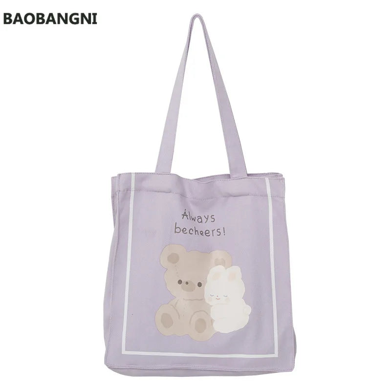 Canvas Shoulder Bag Bear Bunny Print Handbag Casual Tote Students Books Bags