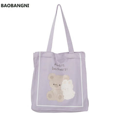 Canvas Shoulder Bag Bear Bunny Print Handbag Casual Tote Students Books Bags