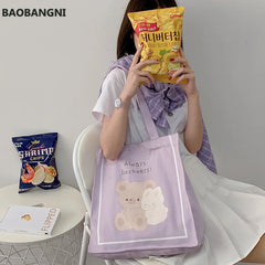 Canvas Shoulder Bag Bear Bunny Print Handbag Casual Tote Students Books Bags