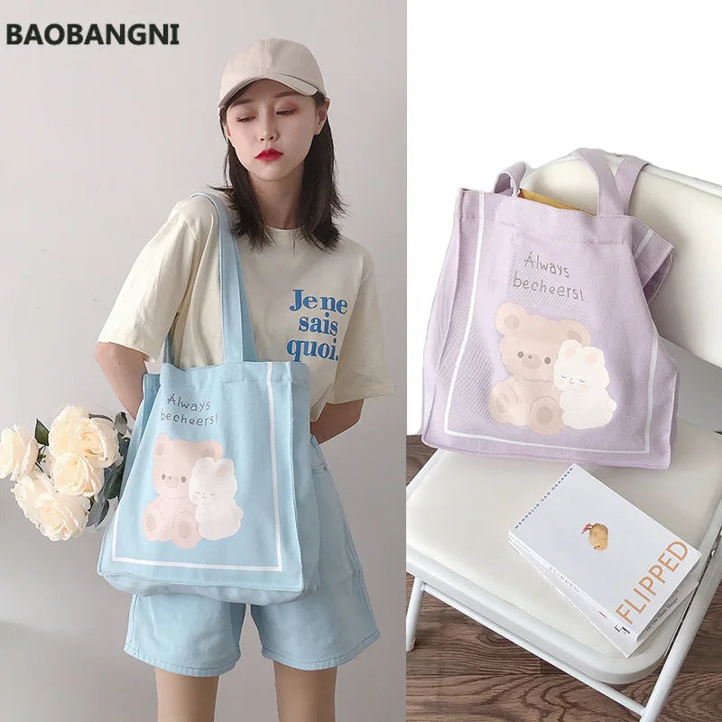 Canvas Shoulder Bag Bear Bunny Print Handbag Casual Tote Students Books Bags