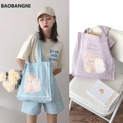 Canvas Shoulder Bag Bear Bunny Print Handbag Casual Tote Students Books Bags