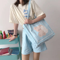Canvas Shoulder Bag Bear Bunny Print Handbag Casual Tote Students Books Bags