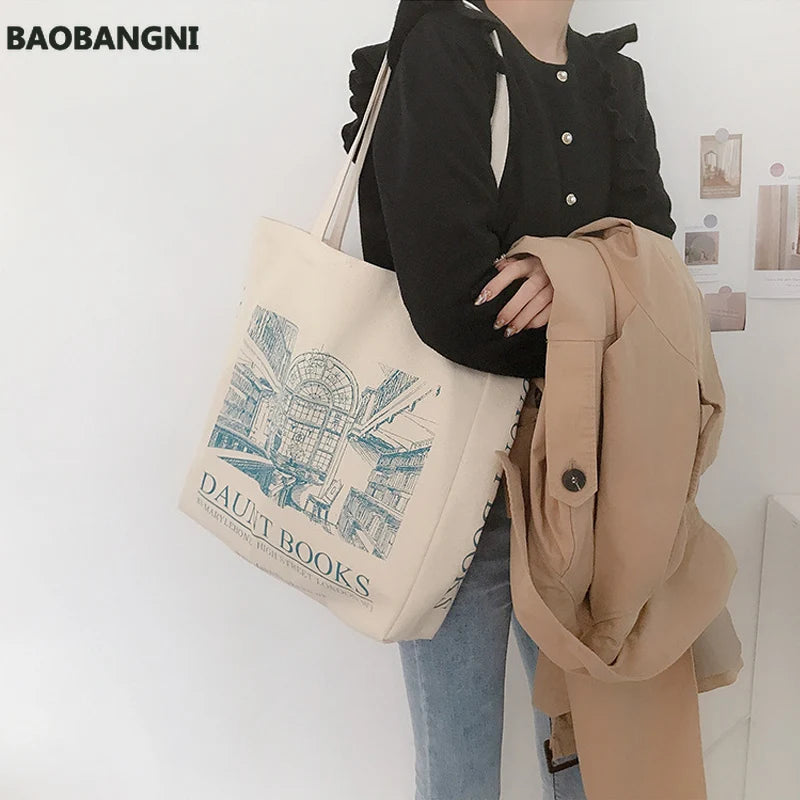 Canvas Shoulder Bag Daily Shopping Book Bag Handbag Large Tote For Girls