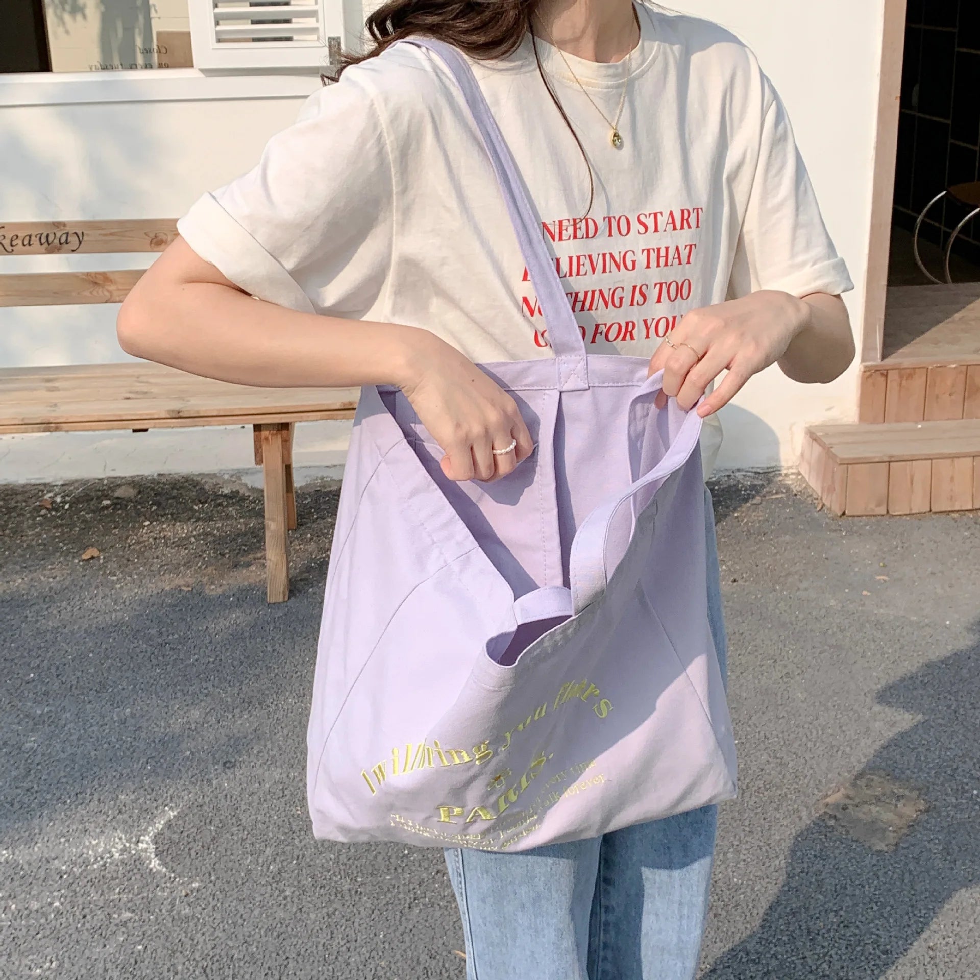 Women Canvas Shoulder Bag Embroidery Shopping Bag Cotton Handbags Tote