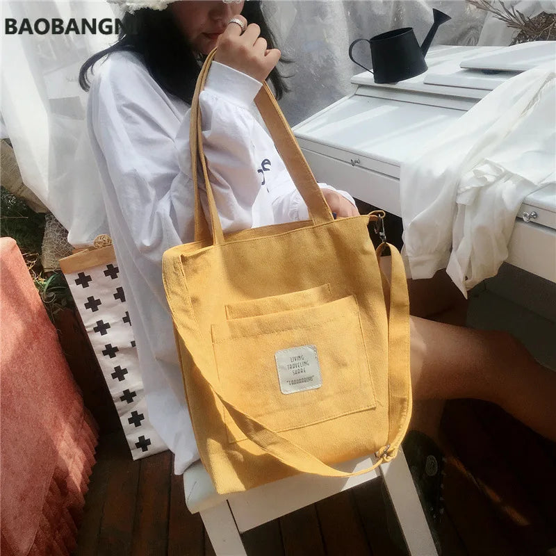 Women Canvas Shoulder Bag Corduroy Tote Crossbody Bags Striped Handbag