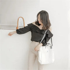 Women Canvas Shoulder Bag Corduroy Tote Soft Crossbody Bag Striped Cloth Handbag