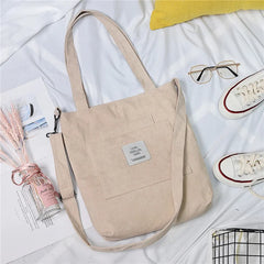 Women Canvas Shoulder Bag Ladies Casual Corduroy Tote Soft Crossbody Bags