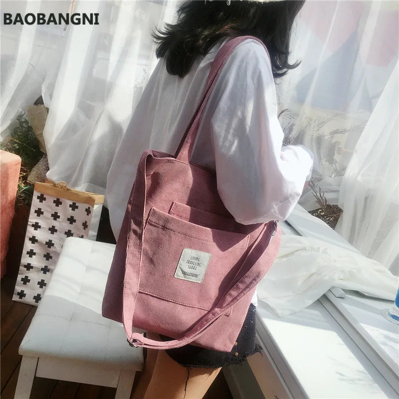 Women Canvas Shoulder Bag Corduroy Tote Crossbody Bags Striped Handbag