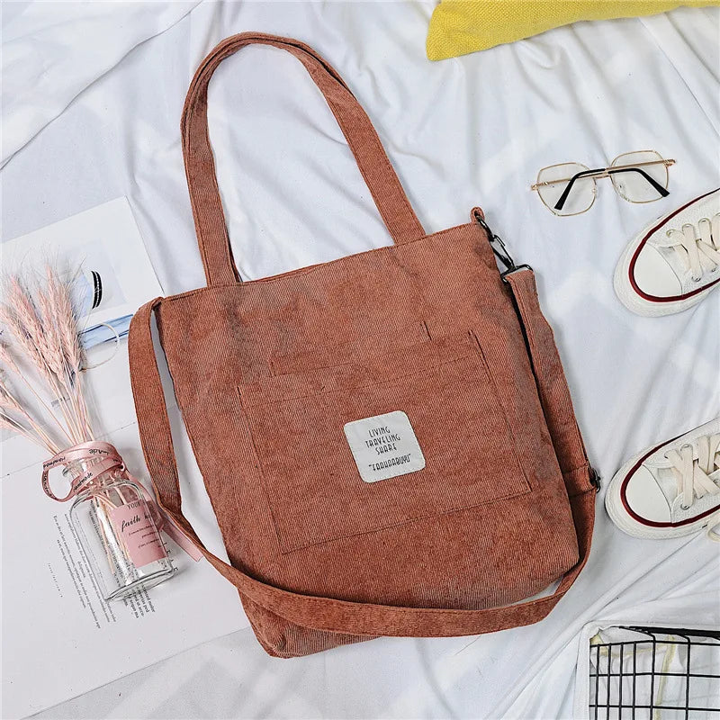 Women Canvas Shoulder Bag Ladies Casual Corduroy Tote Soft Crossbody Bags