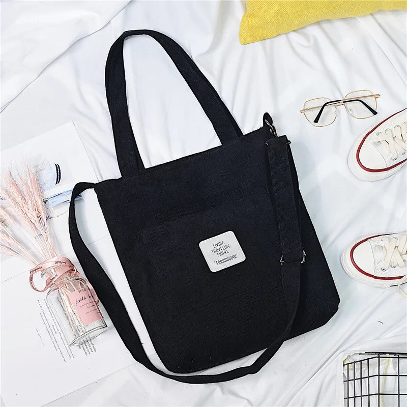 Women Canvas Shoulder Bag Ladies Casual Corduroy Tote Soft Crossbody Bags