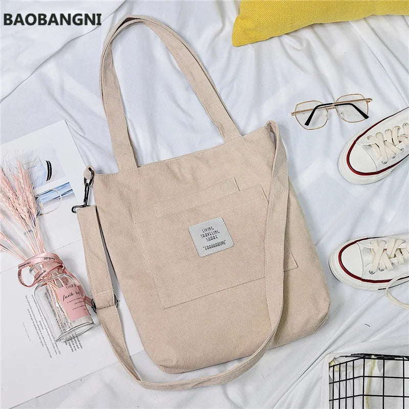 Women Canvas Shoulder Bag Corduroy Tote Crossbody Bags Striped Handbag