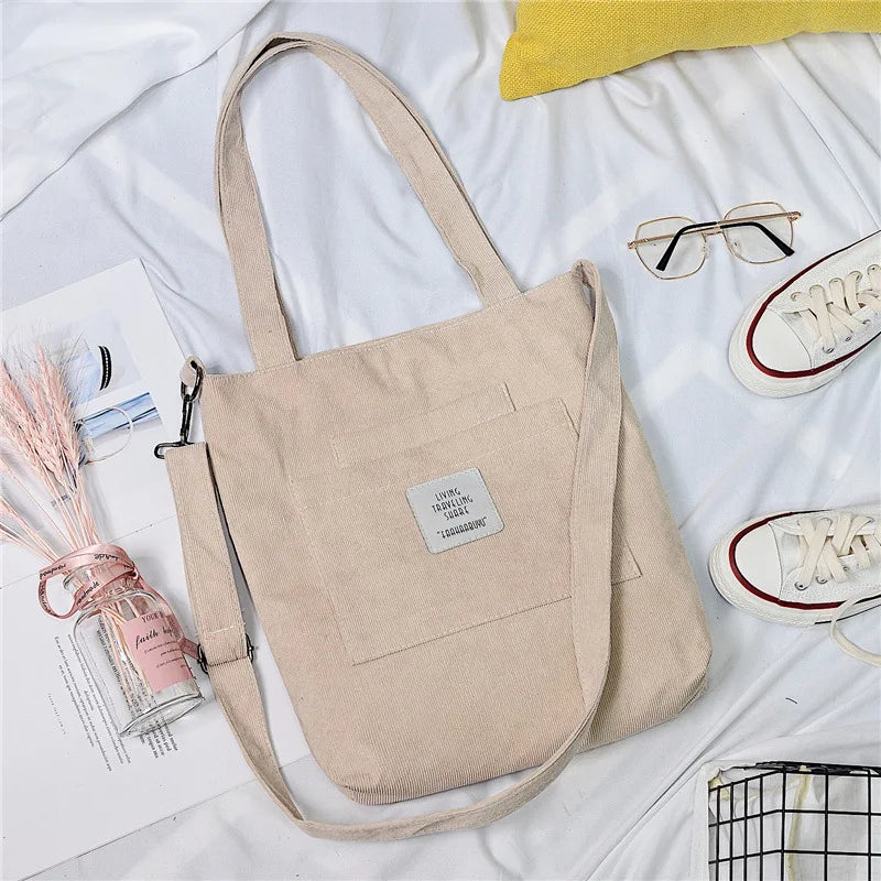 Women Canvas Shoulder Bag Corduroy Tote Soft Crossbody