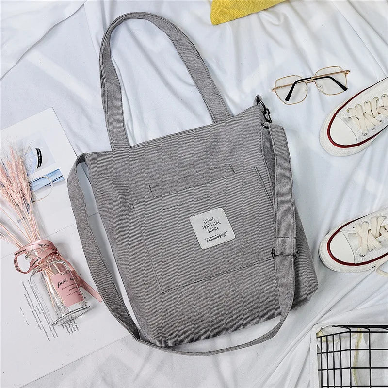 Women Canvas Shoulder Bag Corduroy Tote Crossbody Bags Striped Handbag