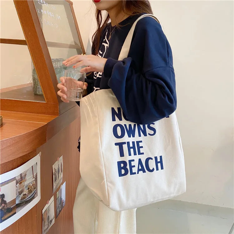 Women Canvas Shoulder Bag Letter Printing Daily Shopping Bag Handbag Totes