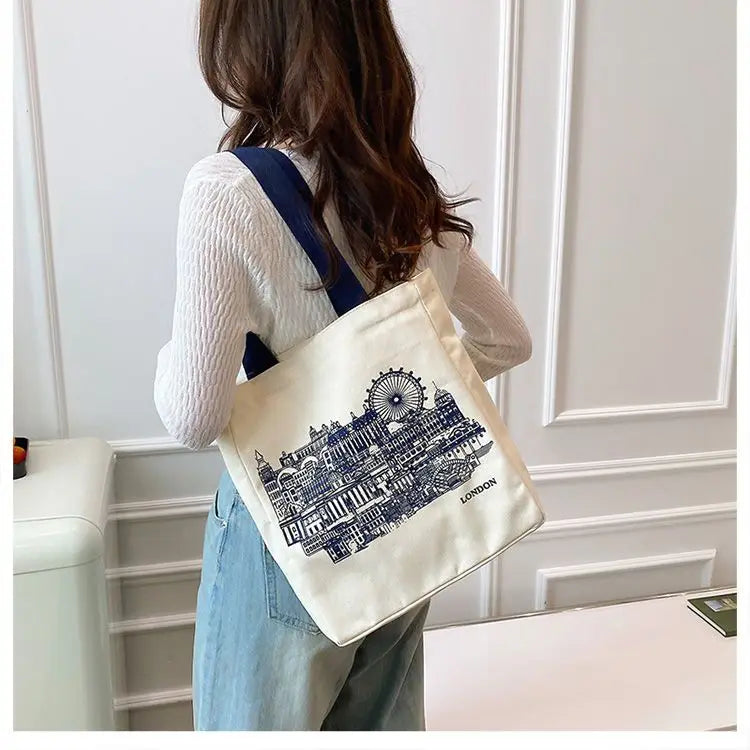 London Books Print Women Shoulder Bag Canvas Handbag Tote Bag