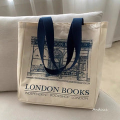 London Books Print Canvas Shoulder Bag Women Casual Handbag Tote