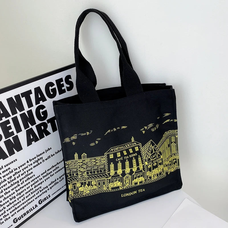 London Tea Print Canvas Shoulder Bag for Women