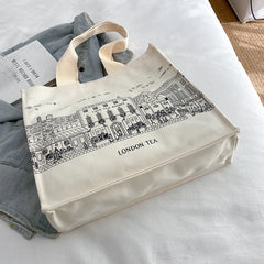 London Tea Print Canvas Shoulder Bag for Women