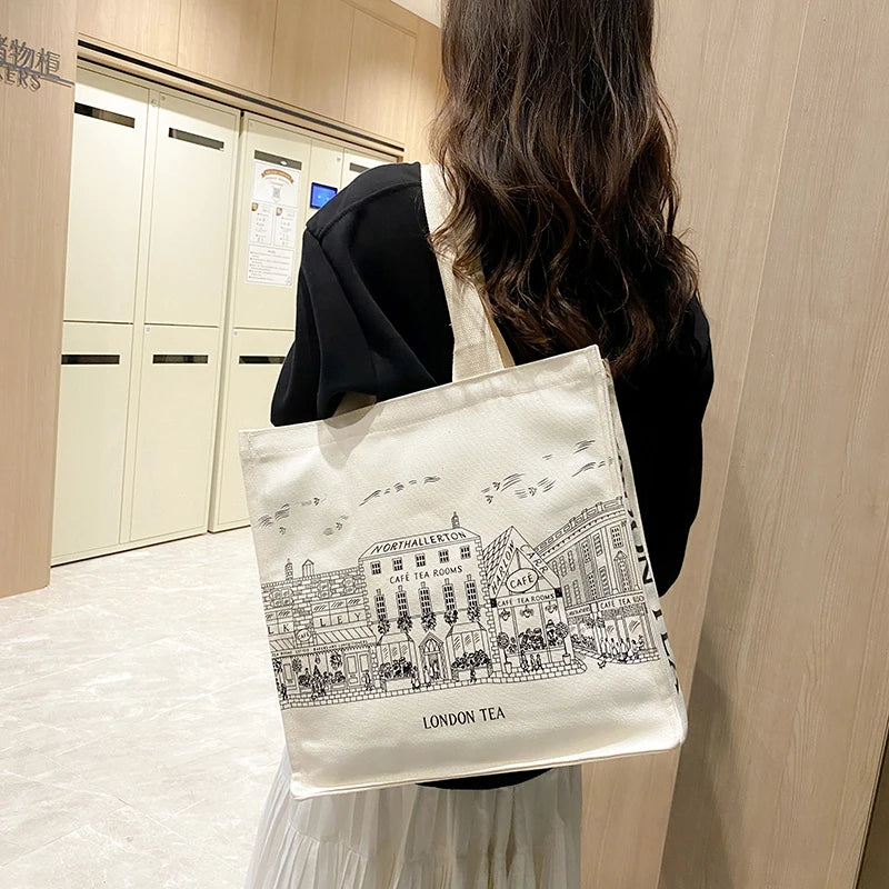 London Tea Print Canvas Shoulder Bag for Women