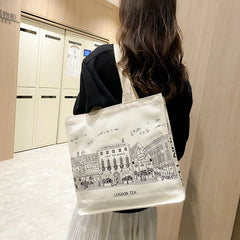 London Tea Print Canvas Shoulder Bag for Women