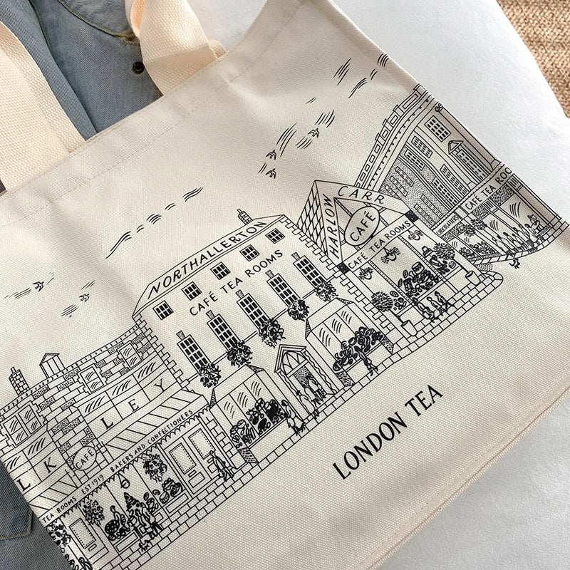 London Tea Print Canvas Shoulder Bag for Women