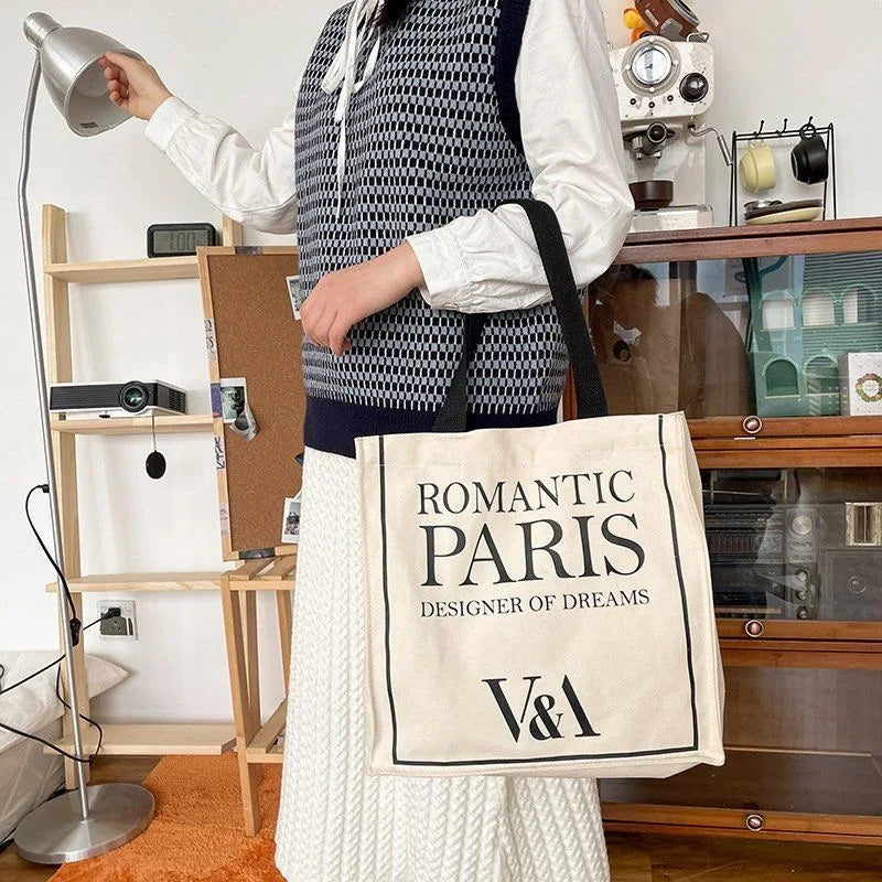 Romantic Paris Print Women Canvas Shoulder Bag Large Capacity Tote Handbag