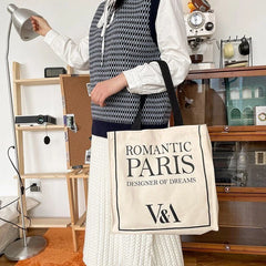 Romantic Paris Print Women Canvas Shoulder Bag Large Capacity Tote Handbag