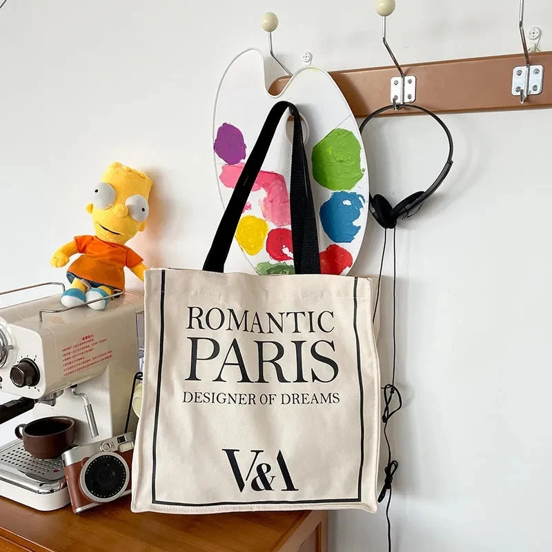 Romantic Paris Print Women Canvas Shoulder Bag Large Capacity Tote Handbag