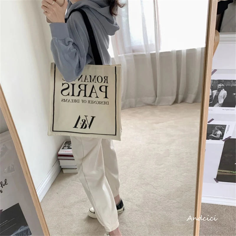 Romantic Paris Print Women Canvas Shoulder Bag Large Capacity Tote Handbag