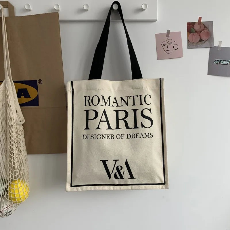 Romantic Paris Print Women Canvas Shoulder Bag Large Capacity Tote Handbag