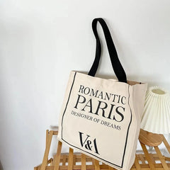Romantic Paris Print Women Canvas Shoulder Bag Large Capacity Tote Handbag
