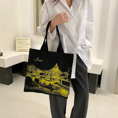 Women Canvas Shoulder Bag Rome Print Shopping Bags Female Handbags