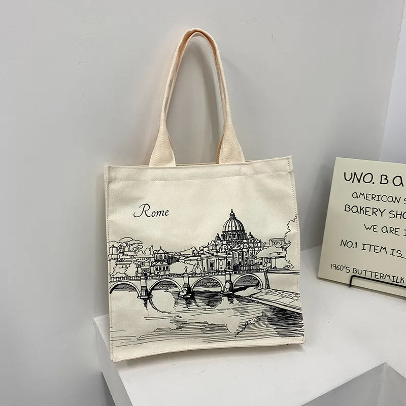 Women Canvas Shoulder Bag Rome Print Shopping Bags Female Handbags