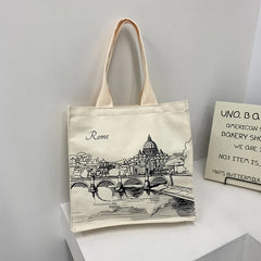 Women Canvas Shoulder Bag Rome Print Shopping Bags Female Handbags