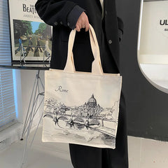 Women Canvas Shoulder Bag Rome Print Shopping Bags Female Handbags