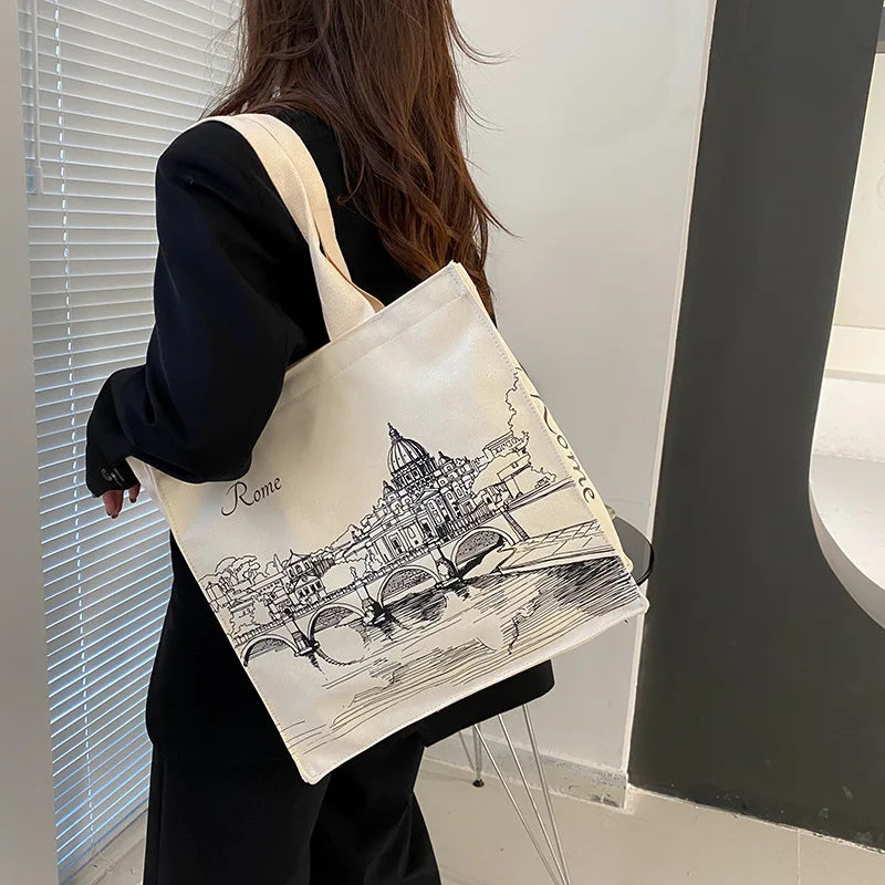 Women Canvas Shoulder Bag Rome Print Shopping Bags Female Handbags