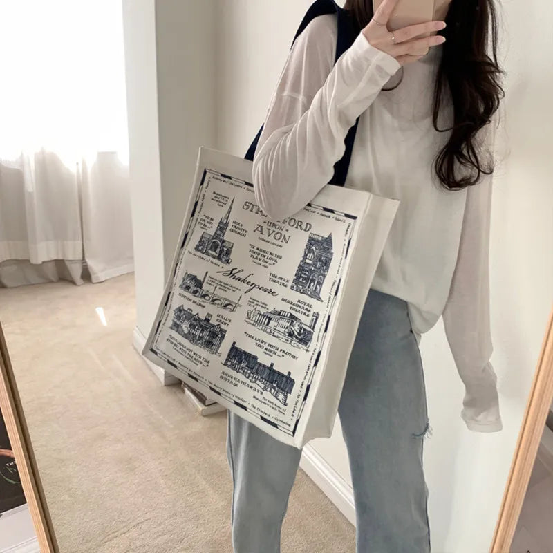 Women Canvas Shoulder Bag Shakespear Printing Casual Handbag Tote Bag