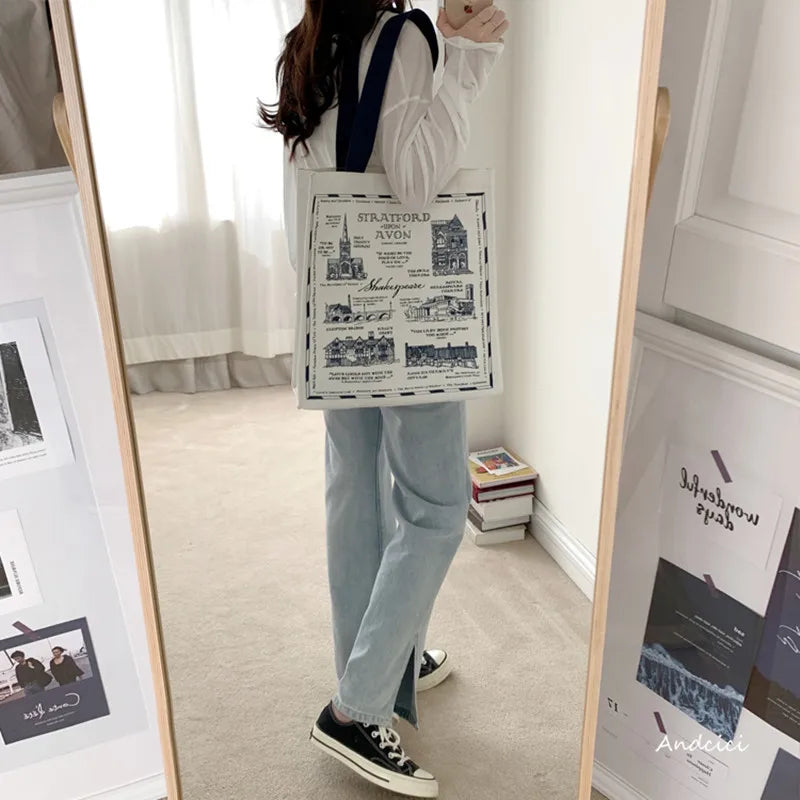 Women Canvas Shoulder Bag Shakespear Printing Casual Handbag Tote Bag