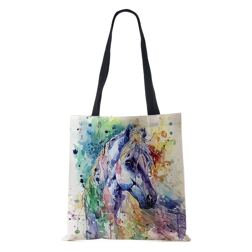 Vintage Horse Print Canvas Shoulder Bag Large Capacity Tote
