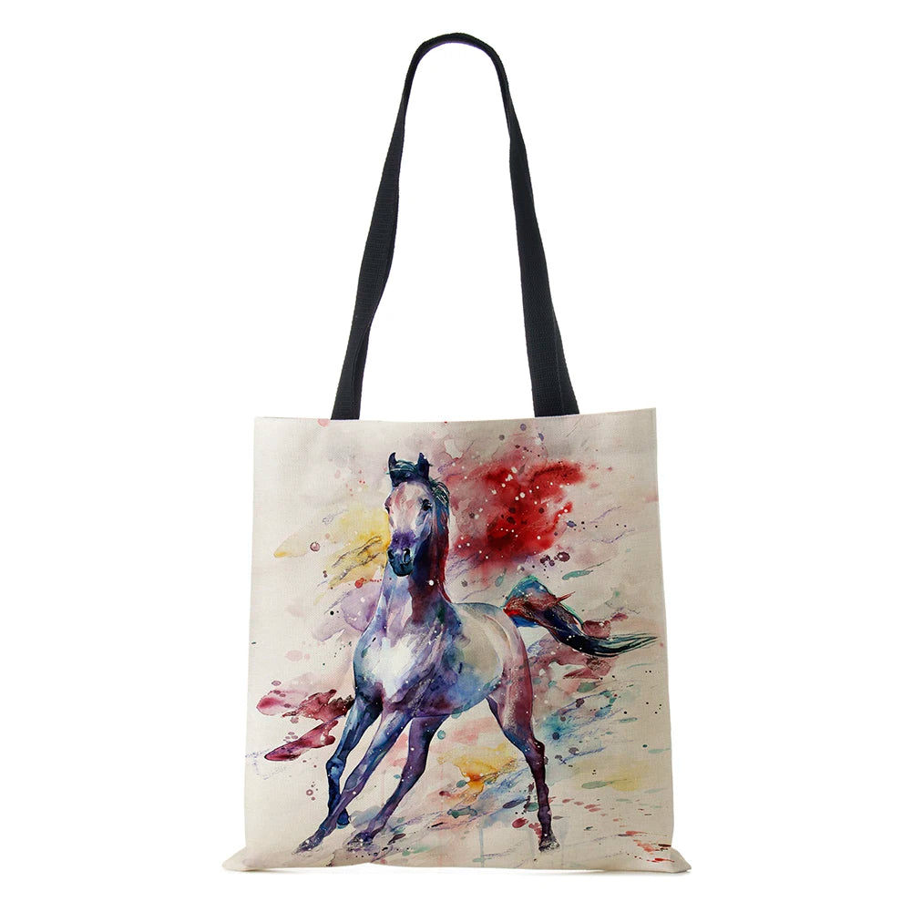 Vintage Horse Print Canvas Shoulder Bag Large Capacity Tote