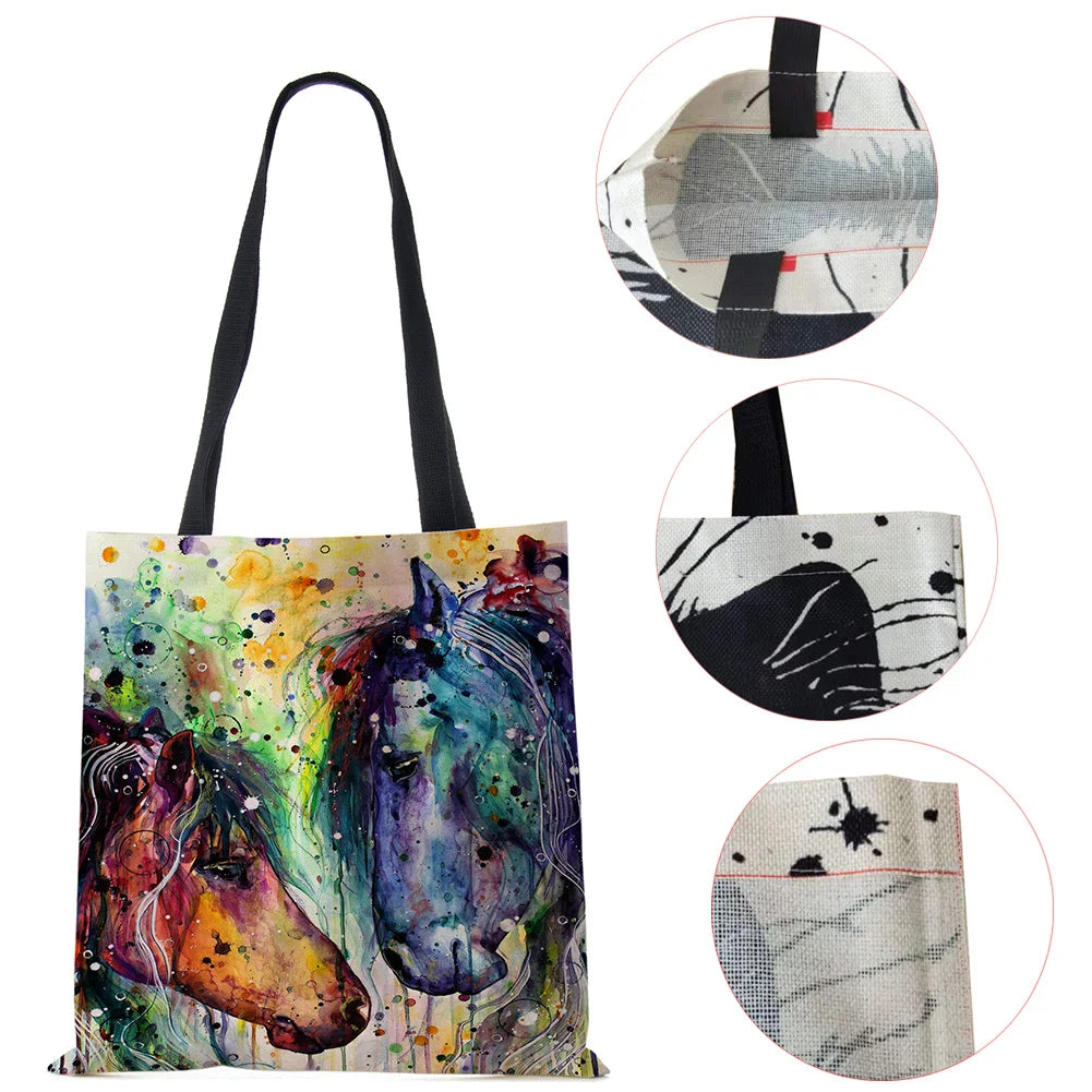 Vintage Horse Print Canvas Shoulder Bag Large Capacity Tote