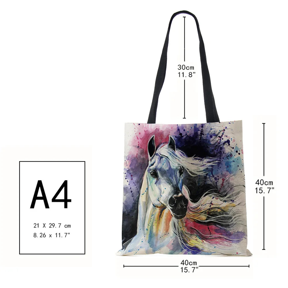 Vintage Horse Print Canvas Shoulder Bag Large Capacity Tote