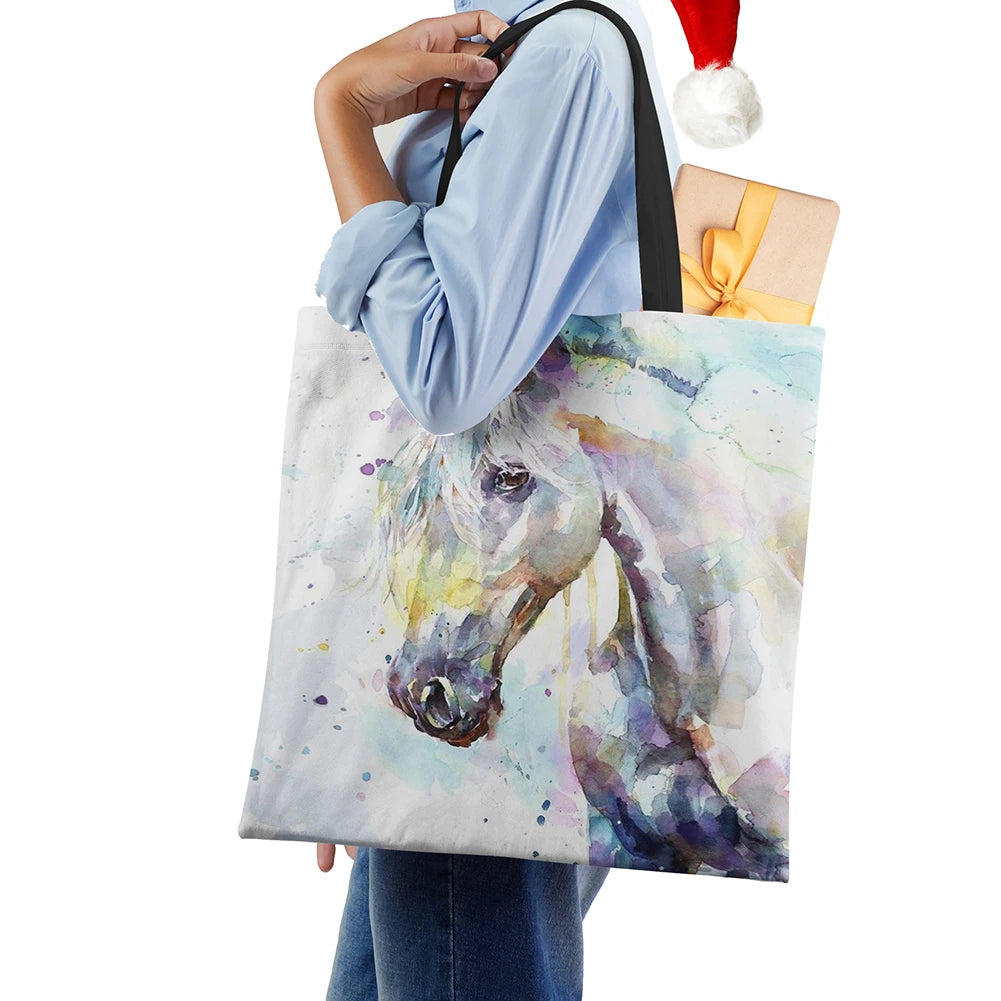 Vintage Horse Print Canvas Shoulder Bag Large Capacity Tote