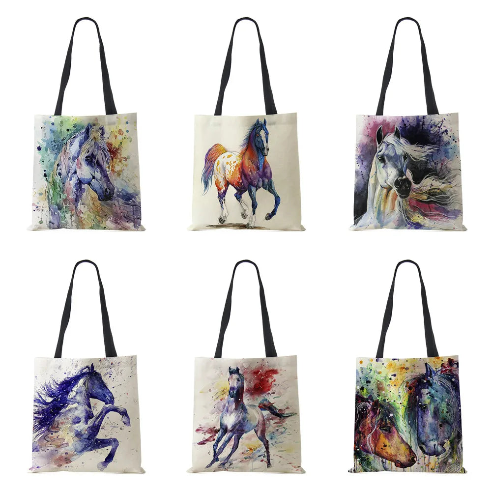 Vintage Horse Print Canvas Shoulder Bag Large Capacity Tote