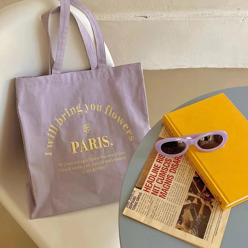 Canvas Shoulder Bag Tote Paris Embroidery Shopping Student Books Handbag