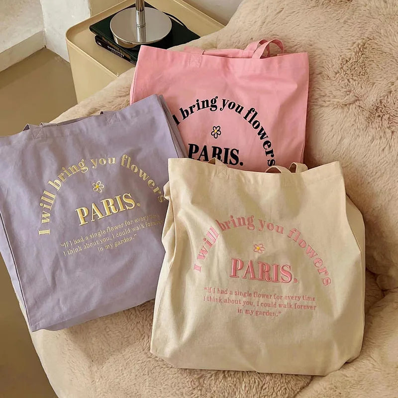 Canvas Shoulder Bag Tote Paris Embroidery Shopping Student Books Handbag
