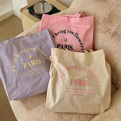 Canvas Shoulder Bag Tote Paris Embroidery Shopping Student Books Handbag