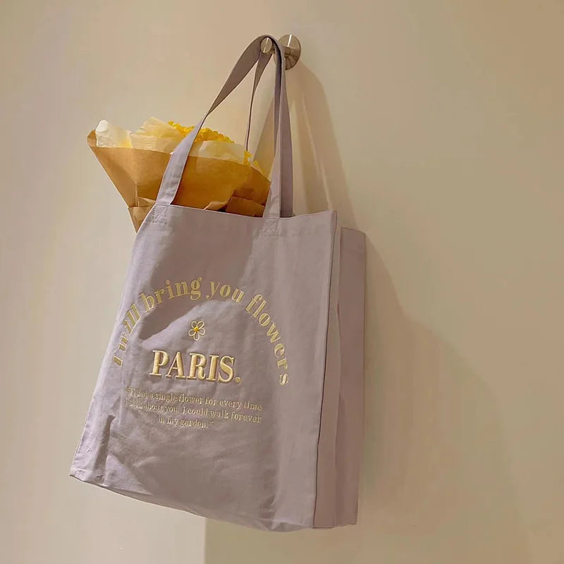 Canvas Shoulder Bag Tote Paris Embroidery Shopping Student Books Handbag