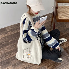 Canvas Shoulder Bag Warm Plush Cloth Handbag Large Capacity Bear Book Bag